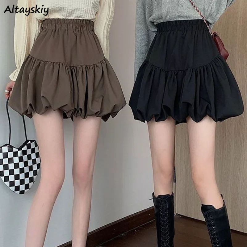 

Mini Skirts Women Folds A-line Solid Korean Style Daily All-match High Waist Popular Chic New Autumn Casual Jupe Femme Fashion