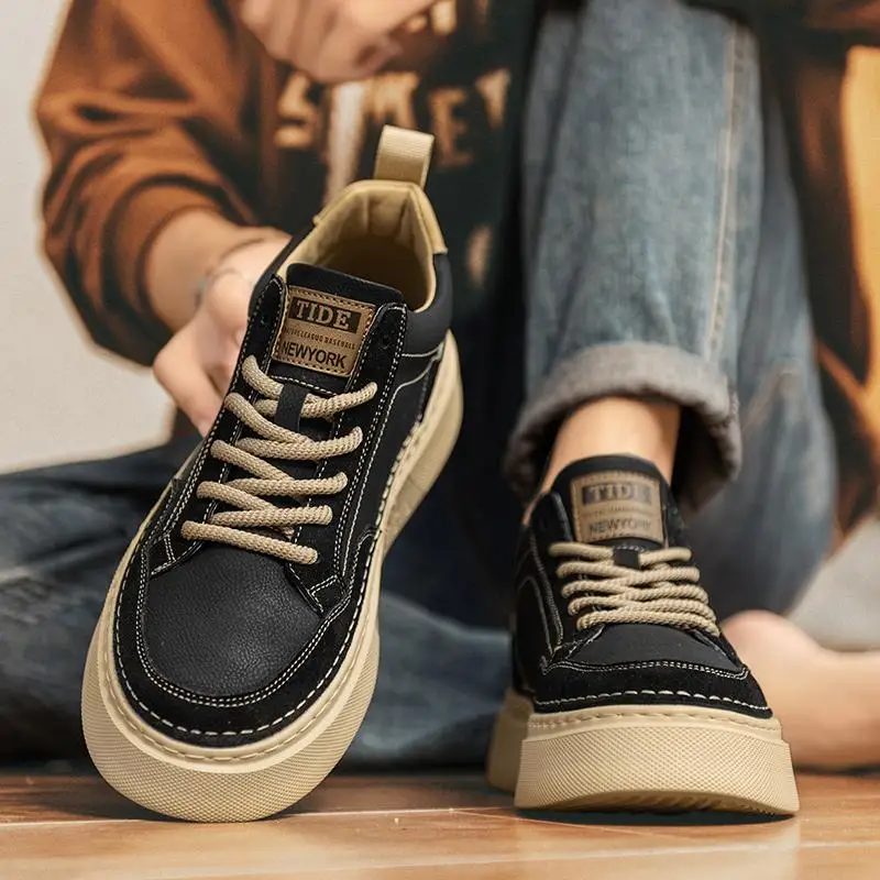 Mid-Top Men's Shoes Autumn and Winter Versatile Trendy Board White Bottom Black Noodles Thick ...