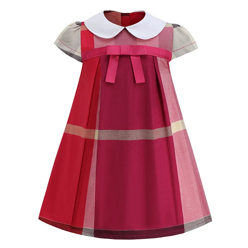

Girls summer Fashion England kids girls clothes Short sleeve Stitching Plaid Striped Baby Girls Princess Dress 3-8years clothing