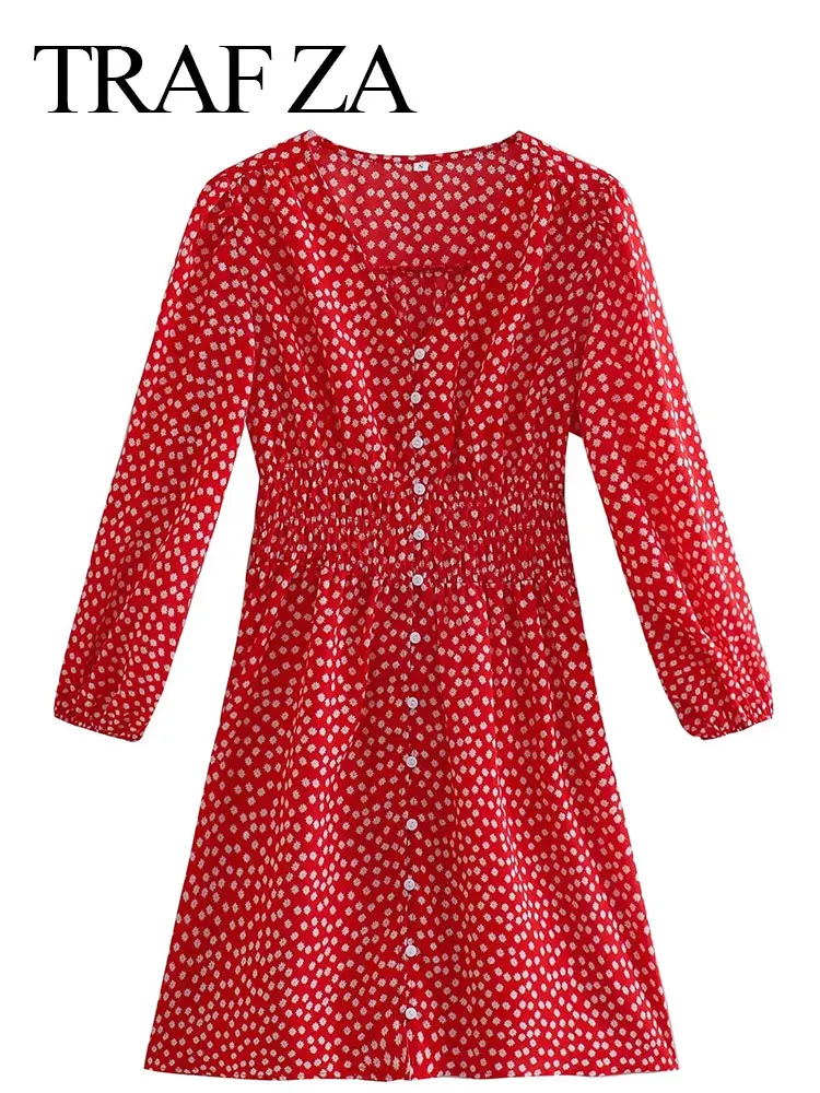 

TRAF ZA Elegant Red Dress White Floral V-Neck Long Slevee Button Elastic Waist Slim Fit Mini Dress Fashion Sweet Women Summer