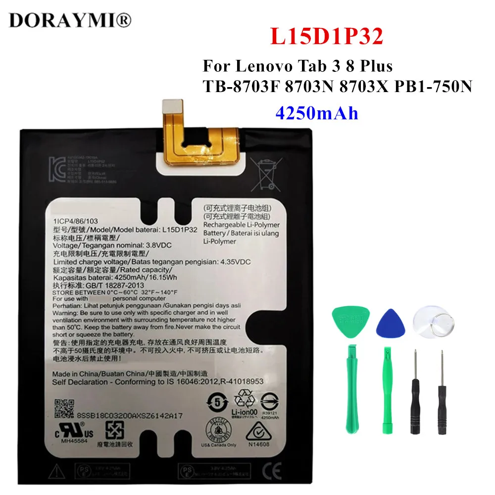 

Оригинальный аккумулятор 4250 мАч L15D1P32 для Lenovo Tab 3 8 Plus TB-8703F 8703N 8703X 8703 PB1-750N, сменные батареи + Инструменты
