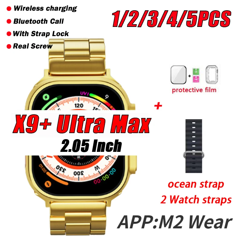 

Смарт-часы X9 + Ultra Max, 2023 дюйма, для мужчин и женщин, 24K, Золотая серия 8 IWO Ultra, 2,05 дюйма, 49 мм, стандартная беспроводная зарядка, часы с Bluetooth для звонков
