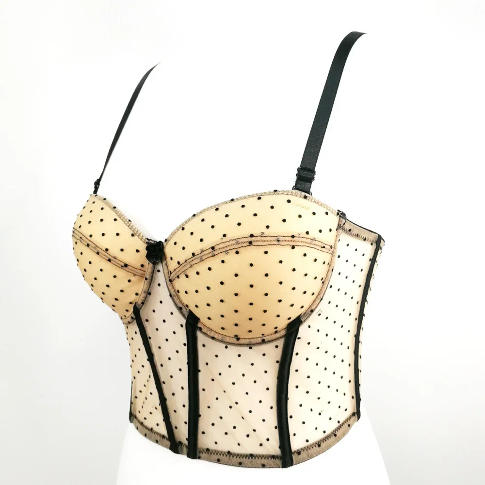 Кружевной бюстгальтер пуш-ап в горошек с вышивкой на косточках прозрачный