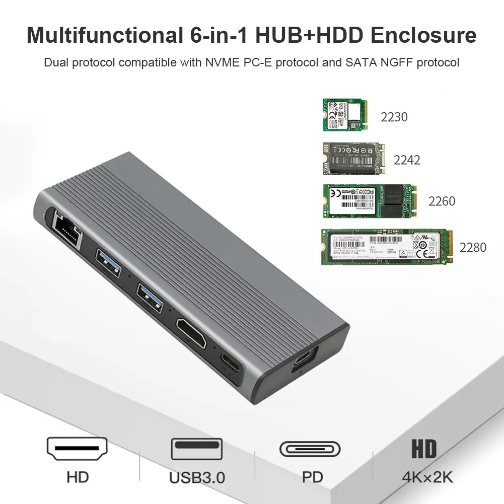 

SSD Hub USB C HUB Type C3.1 to M.2 NVME NGFF HD 4K 1000M LAN 10Gbps M.2 SSD Case Enclosure USB C HUB Splitter for MACBook Laptop