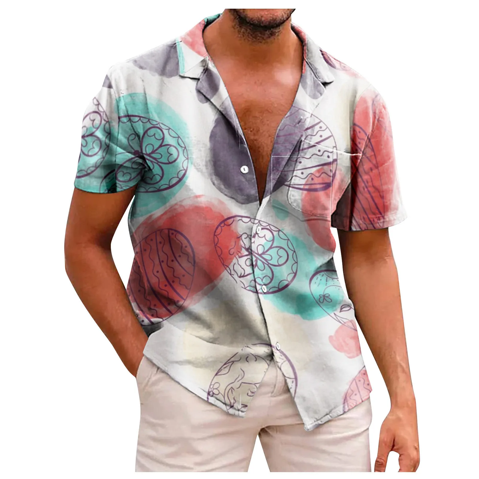 

2023 Easter Rabbit Beach Shirt Bunnies And Teapots Aqua Casual Shirts Men Aesthetic Blouses Summer Short-sleeve Tops