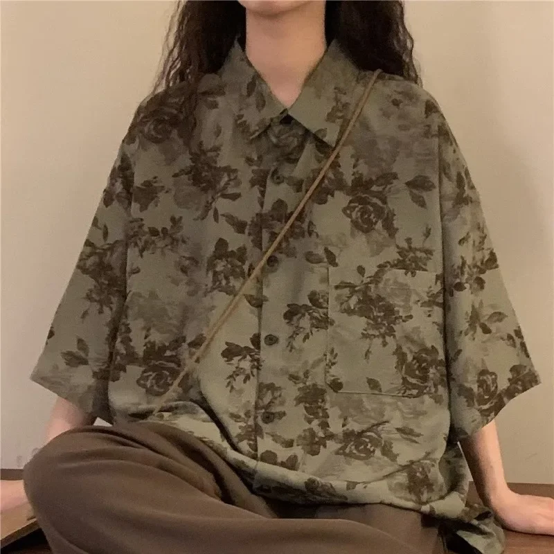 Женская винтажная рубашка с коротким рукавом летняя нейтральная цветочной