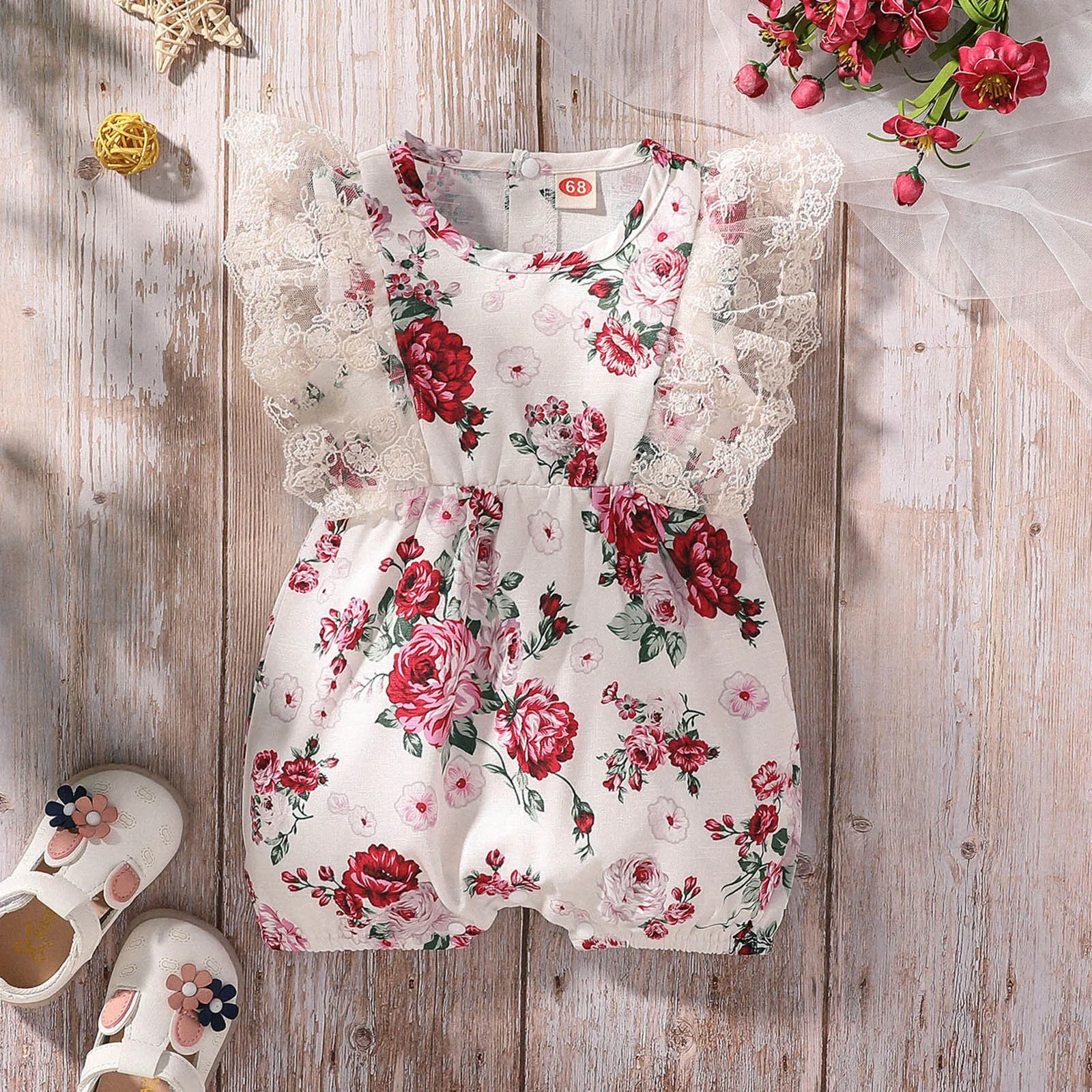 

Infant Girls Lace Fly Sleeve Floral Printed Romper Newborn Jumpsuit White Girls Leotard