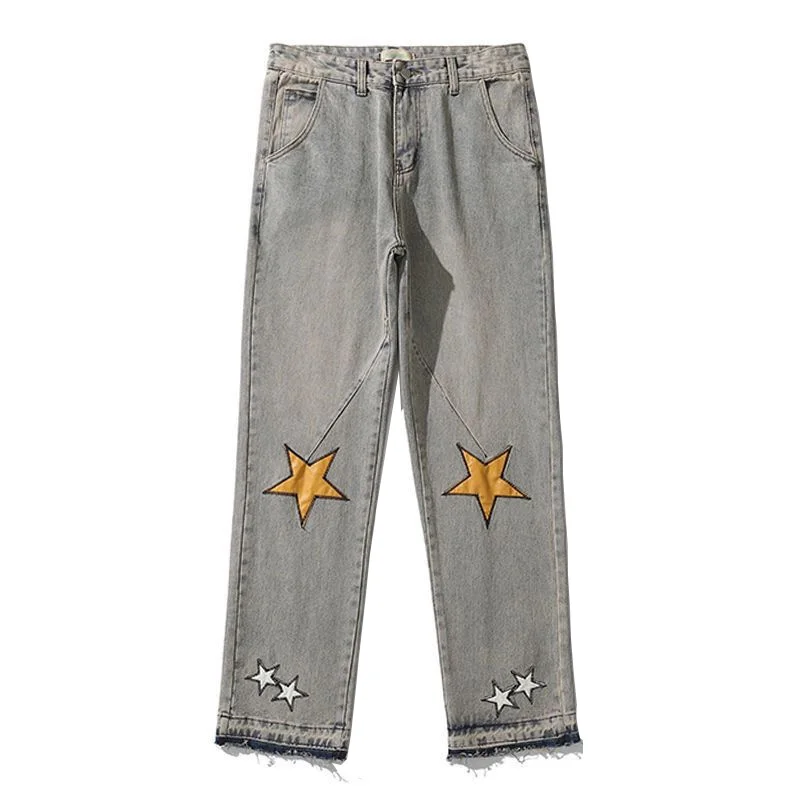 High Street Jeans Men Fashion Hip Hop Streetwear Straight Pants Vintage Star Embroidery Denim Trousers Male Bottoms Y2K Clothes