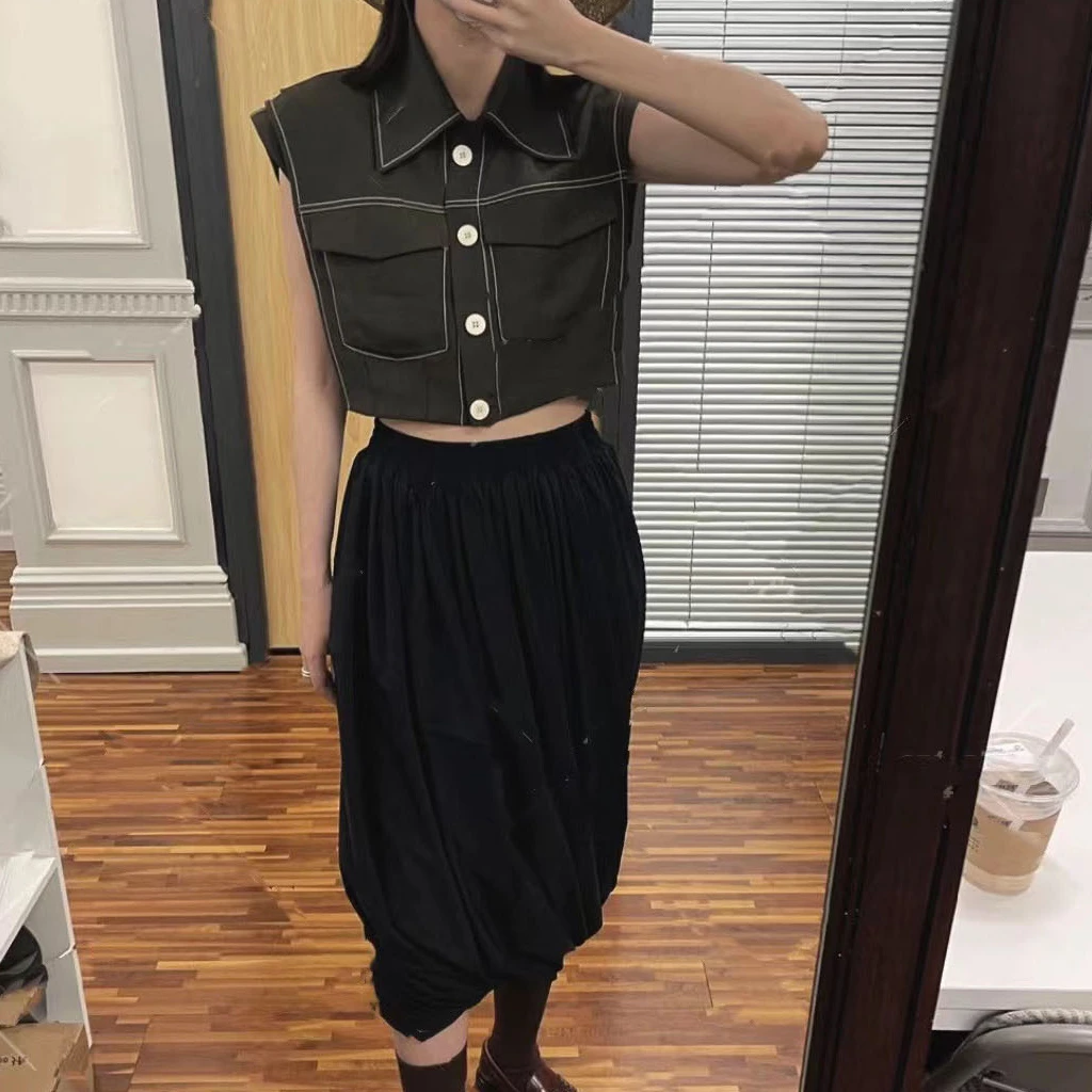 

2022 New Contrast Color Topstitch Design Loose Large Pocket Acetate Short Vest Top