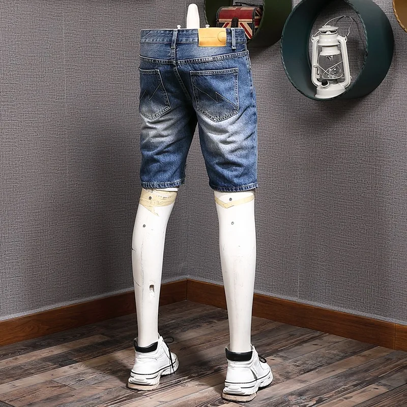 Ripped Denim Shorts Men Streetwear Patches Short Jeans 2022 Summer Fashion Casual Blue Regular Straight Knee Length Pants