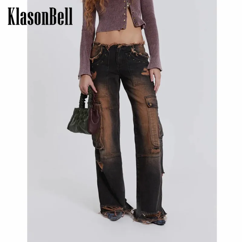 

4.19 KlasonBell Fashion Vintage Washed Denim Distressed Hole Frayed Low Waist Straight Jeans Women