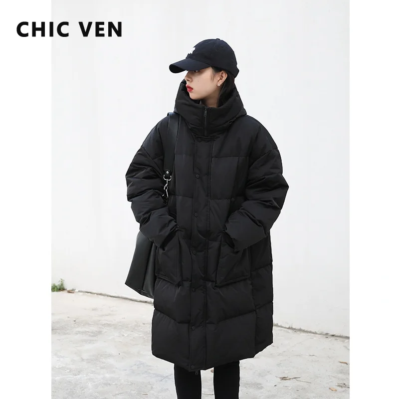 CHIC VEN Korean Style Women's Long Down Coat Thick Warm 90 White Duck Down Jacket Winter Fashion Puffer Coat for Women Parka Top