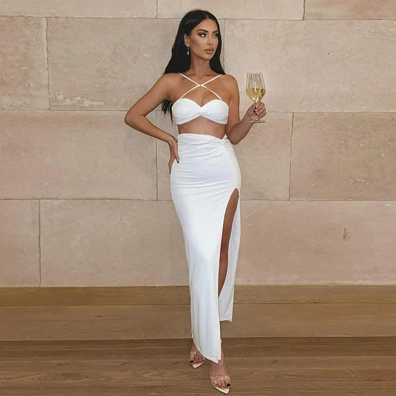 

Sexy Solid Two Piece Set Women Skinny Sleeveless Wrapped Chest Crop Tops+Side Split Pleat Straight Skirts Female Partywear