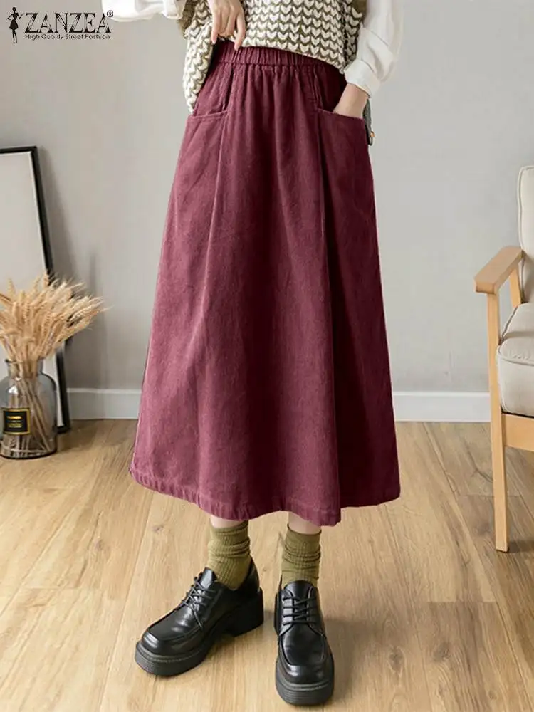 

Женская Вельветовая длинная юбка ZANZEA Осень 2023 эластичная Повседневная Свободная Однотонная юбка миди с высокой талией юбка с карманами в Корейском стиле