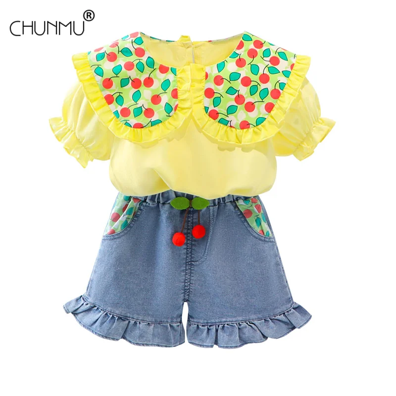 

Baby Girls Lapel Cherry Two-piece Suit Girl Cute Summer Baby Suit Baby Clothes Short Sleeve T-shirt + Denim Shorts Kid Suit