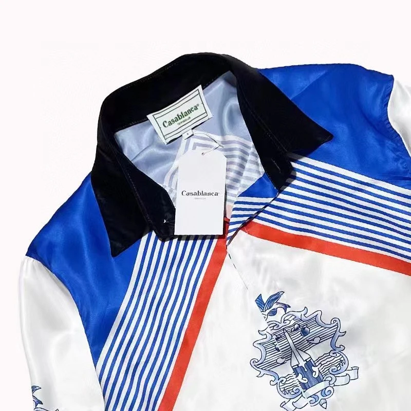 Airways CASABLANCA Long Shirt Silk Men Women High Quality Airline Themed Print Blue White Stripe Hawaii Casual Shirt