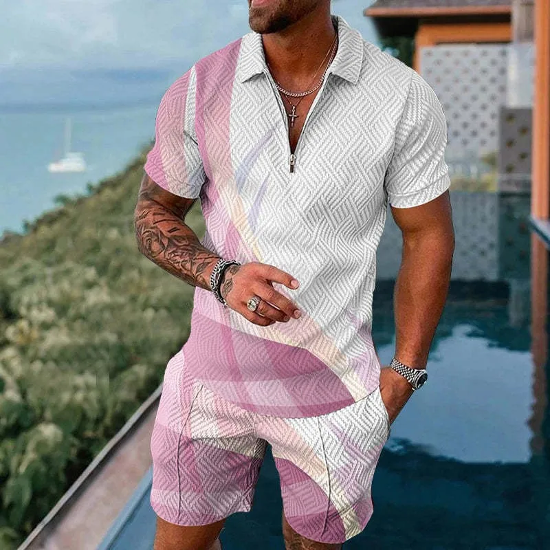 Summer Men's Tracksuit Short Sleeve Polo Shirt Set 3D Print Zipper Lapel T-shirt Shorts 2 Pieces Casual Suit Streetwear Outfit