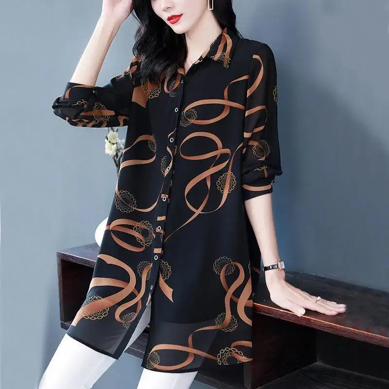 2023 New Women Tunics Midi Long Sleeve Fashion Striped Printed Chiffon Shirt Loose Plus Size Office Lady Elegant Tops L-5XL