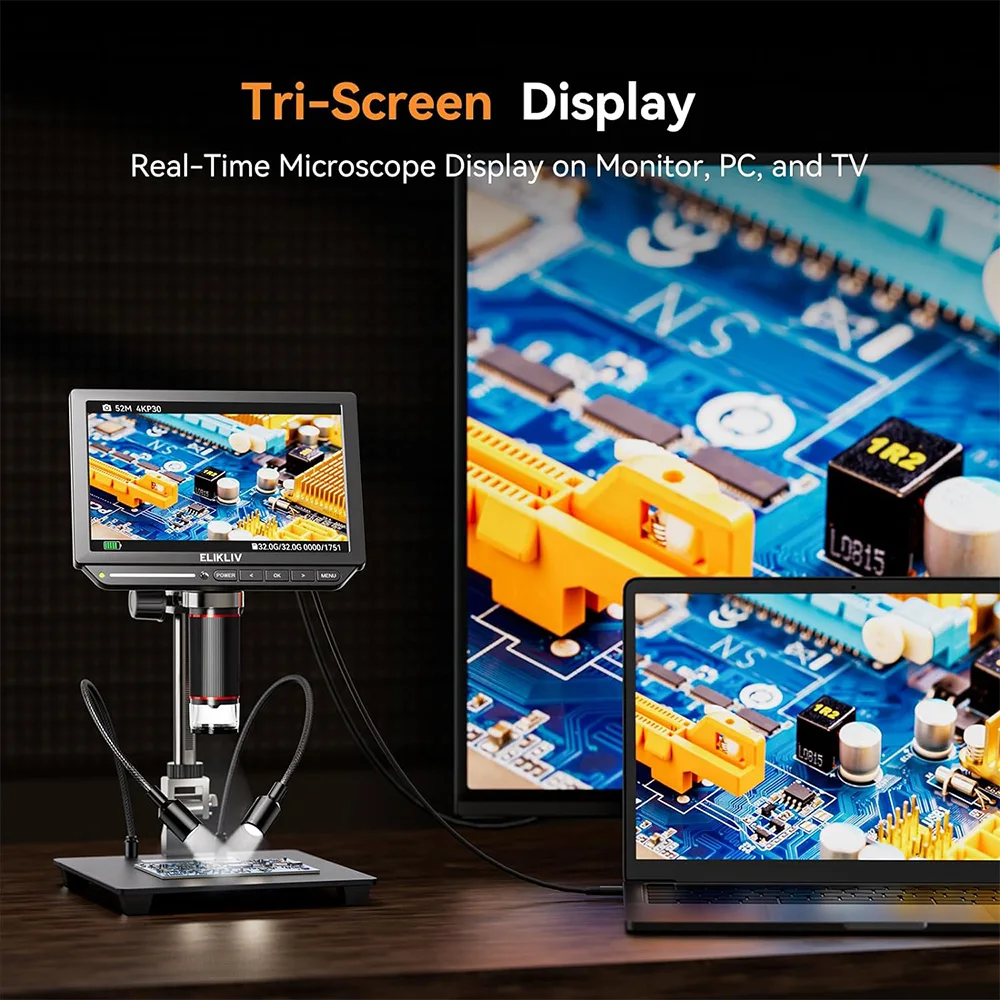 Микроскоп Elikliv EM4K 4K для электроники 2000x52MP HDMI цифровой микроскоп ремонта печатных