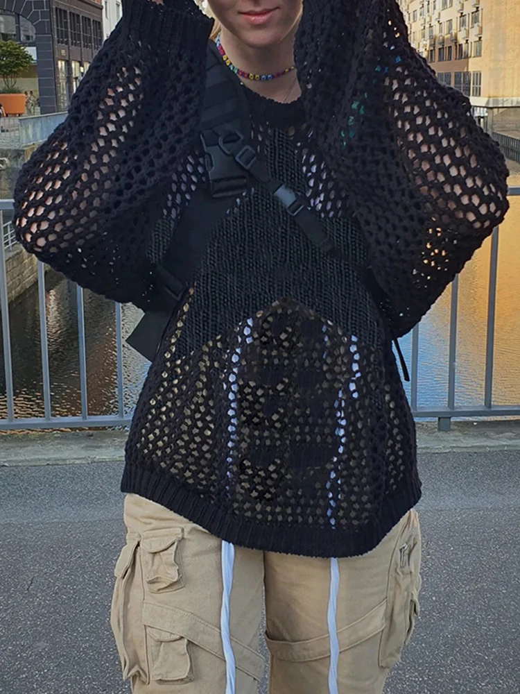 

Gothic Crochet Star Sweater Pullovers Oversized Loose Holes Knitted Jumper Smock Y2k Harajuku Streetwear See Through Top Sweater