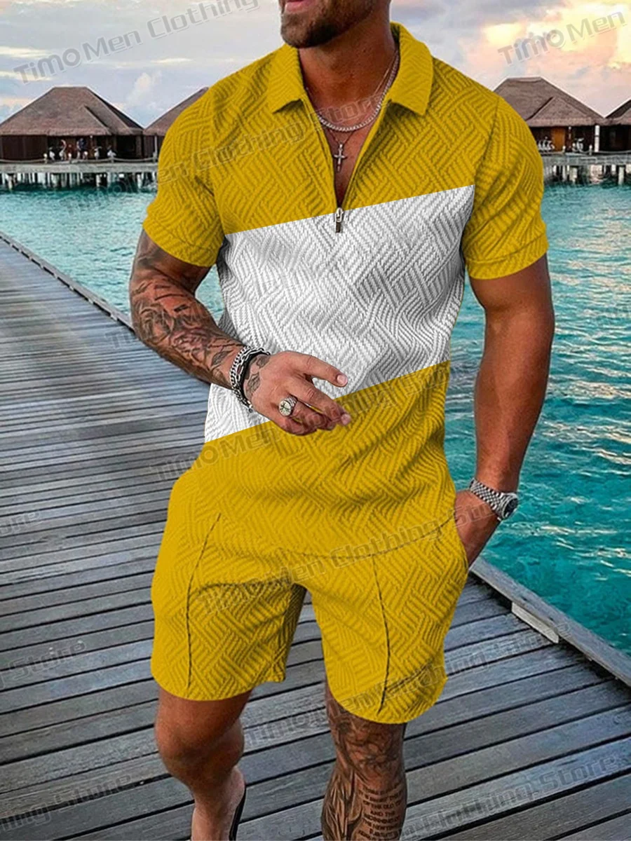 Business Casual Men's Sportswear Street Fashion Polo Shirt Suit Men High Quality Polo Neck Zippered Pullover+Shorts 2 Piece Set
