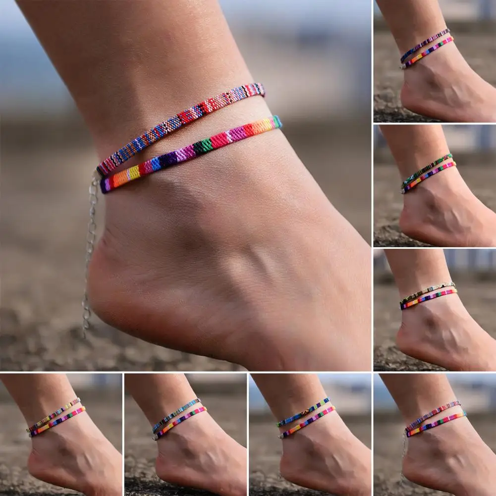 

1 Pair Bohemia Embroidery Woven Anklets Bracelet Handmade Braided Colorful Adjustable Women Boho Beach Foot Chain Anklet Jewelry