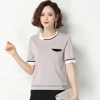 tshirt summer women knitted t shirt short sleeve pockets korean style woman clothes tee shirt femme womens tops camisetas mujer