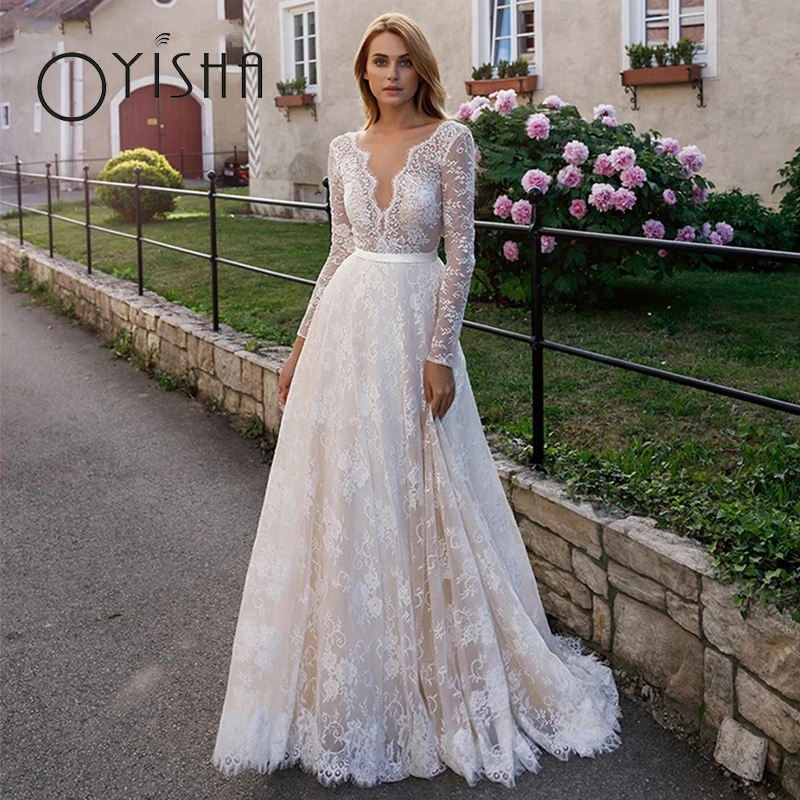 

OYISHA Lace Tulle Wedding Dresses Sweep Train A-line vestido de noiva Long Sleeves Appliques Backless Bohemian Bridal Gowns 2023