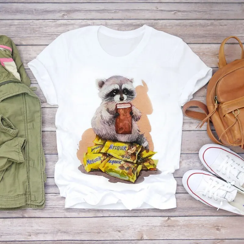 

Lovely Women Tops Tee All-match Casual Cute Raccoons Ladies T-Shirts O Neck Cartoon Print Short Sleeve Clothing female Tshirt