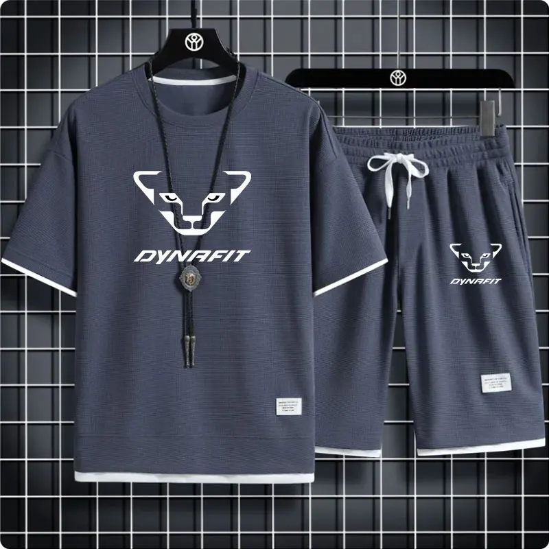 

Летний мужской комплект из двух предметов, Повседневная футболка и шорты DYNAFIT, мужской спортивный костюм, модный спортивный костюм с коротк...