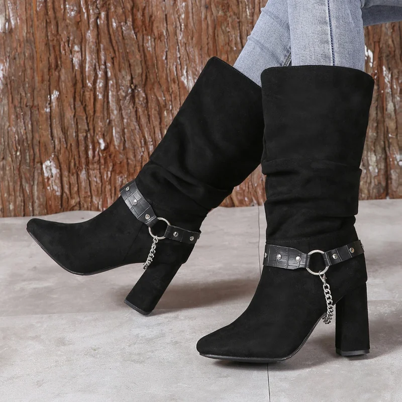 

Женские ботинки в стиле палитры, дизайнерские новые осенние ботильоны на массивном каблуке, модные замшевые короткие ботинки из флока на высоком каблуке с ремешком и пряжкой