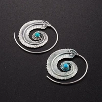 ethnic round metal carving feather earrings vintage silver color inlaid blue stone dangle earrings for women jewelry