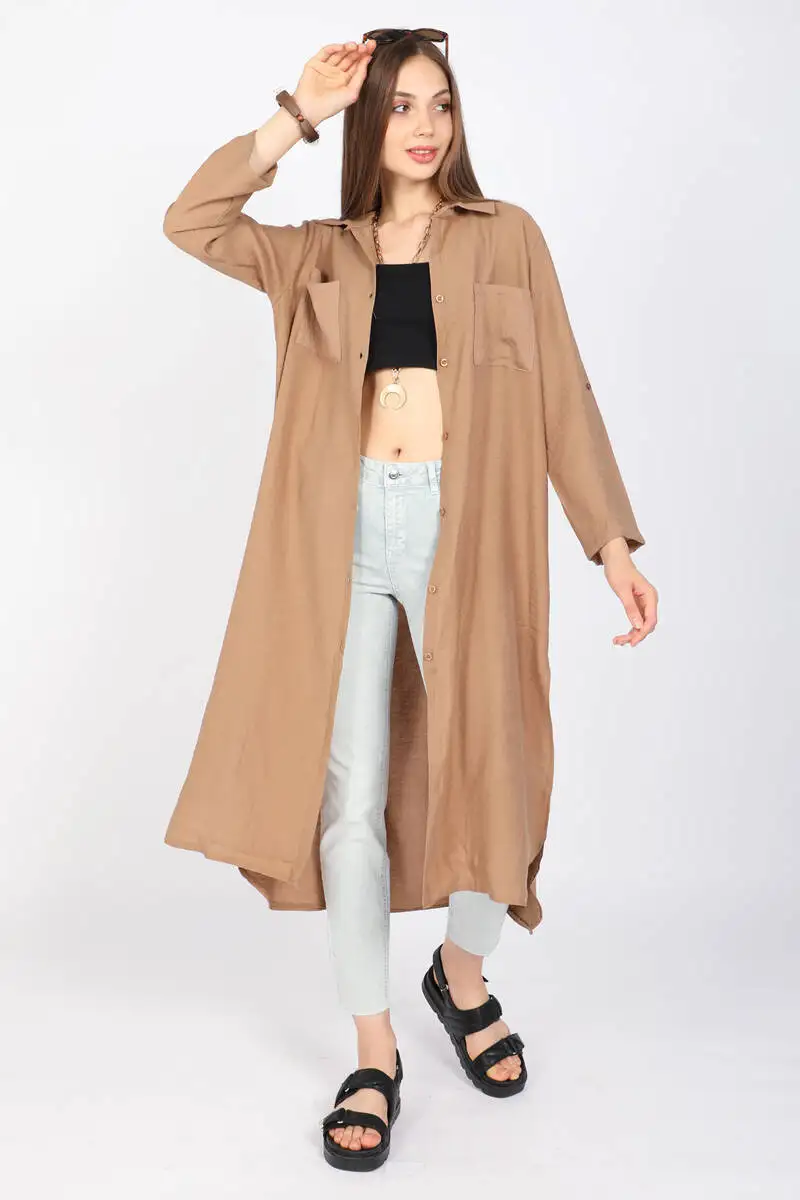 

Women's Beige Pockets Long Shirt