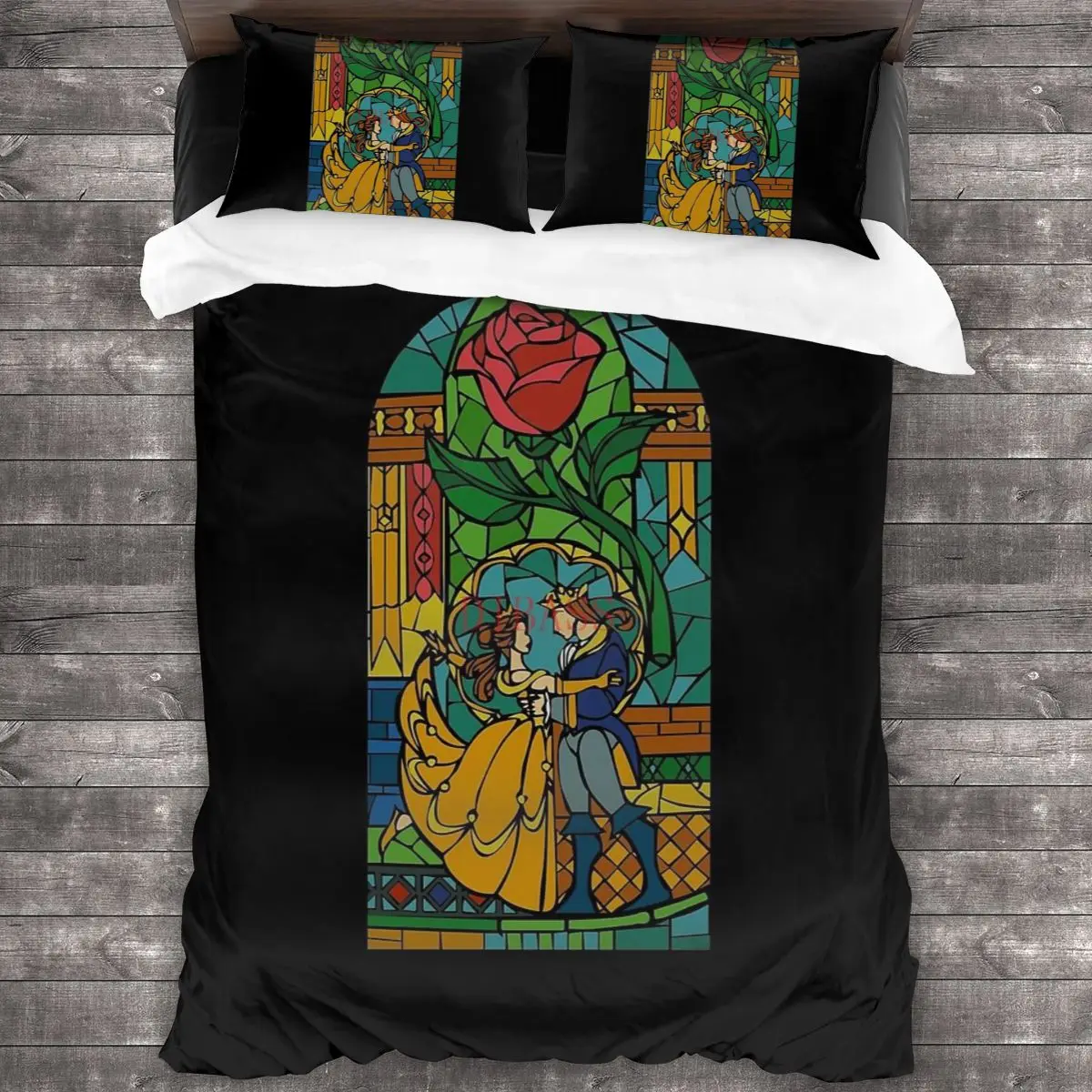 

Beauty And The Beast - Stained Glass Soft Microfiber Comforter Set with 2 Pillowcase Quilt Cover With Zipper Closure