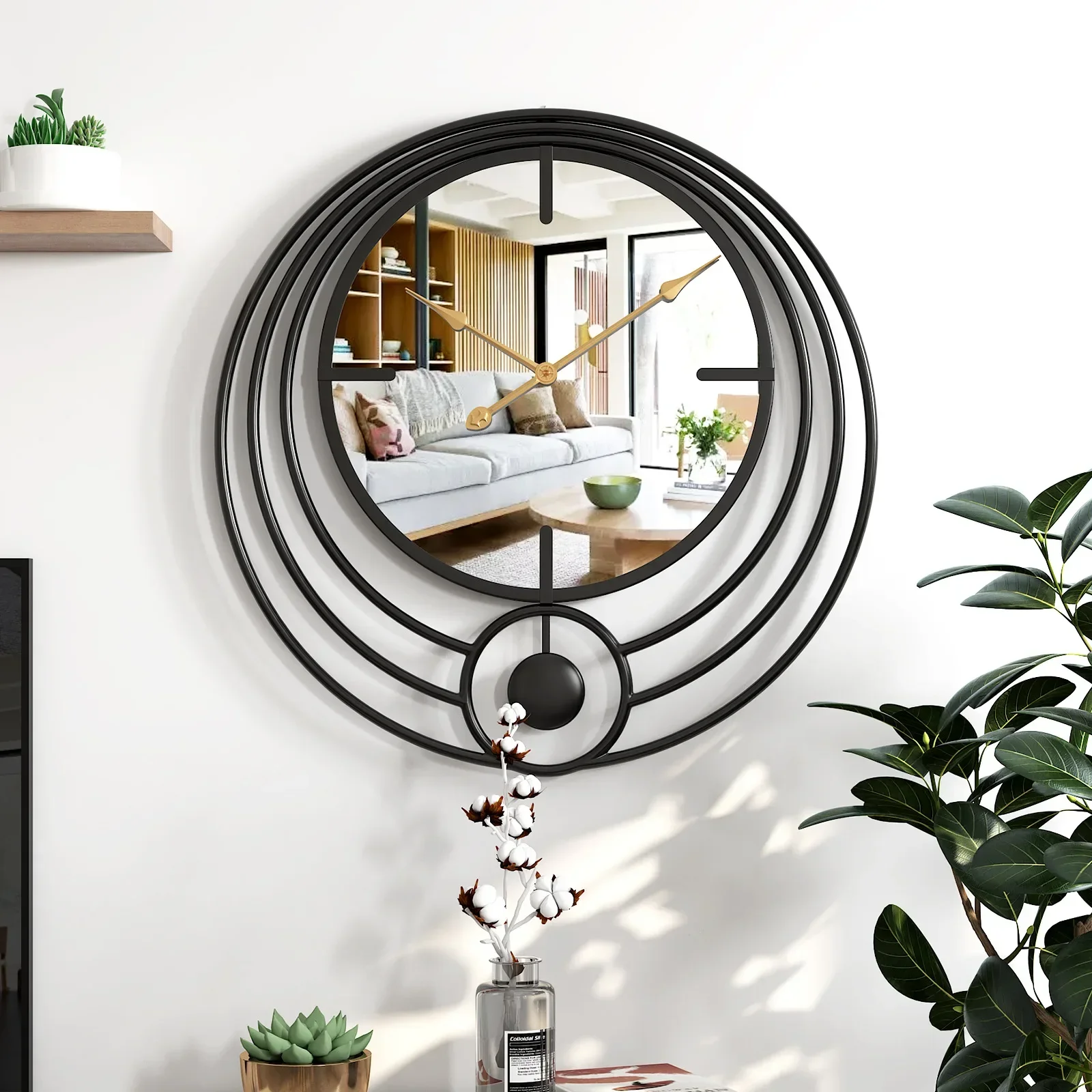 

Round wrought iron mirror clock European style wrought iron wall clock living room silent wall clock