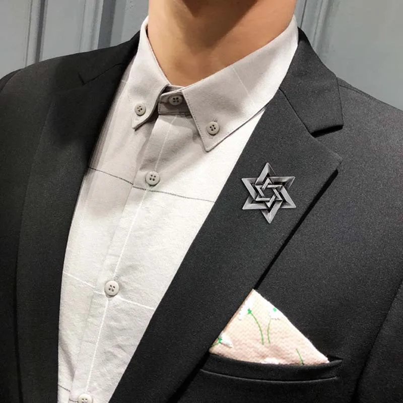 

New Trend If Silver Color Double Hexagram Brooch Badge Brooch Men Shirt Lapel Pins Dinner Banquet Accessories