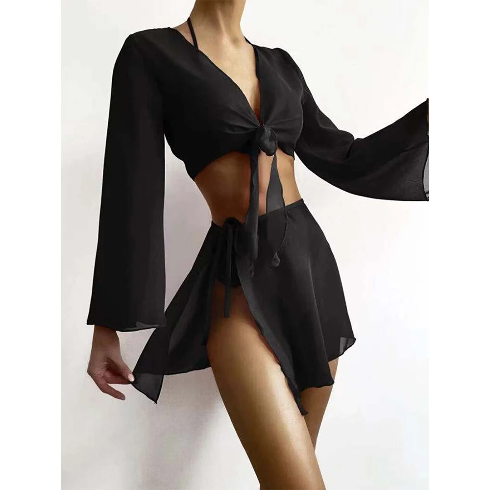 

Gossina 2022 Women Beach Black Bikini Cover-Ups Long Sleeve Tunic Dress Swimsuit High Waist Dresss Sexy Swimming Bathing Suit
