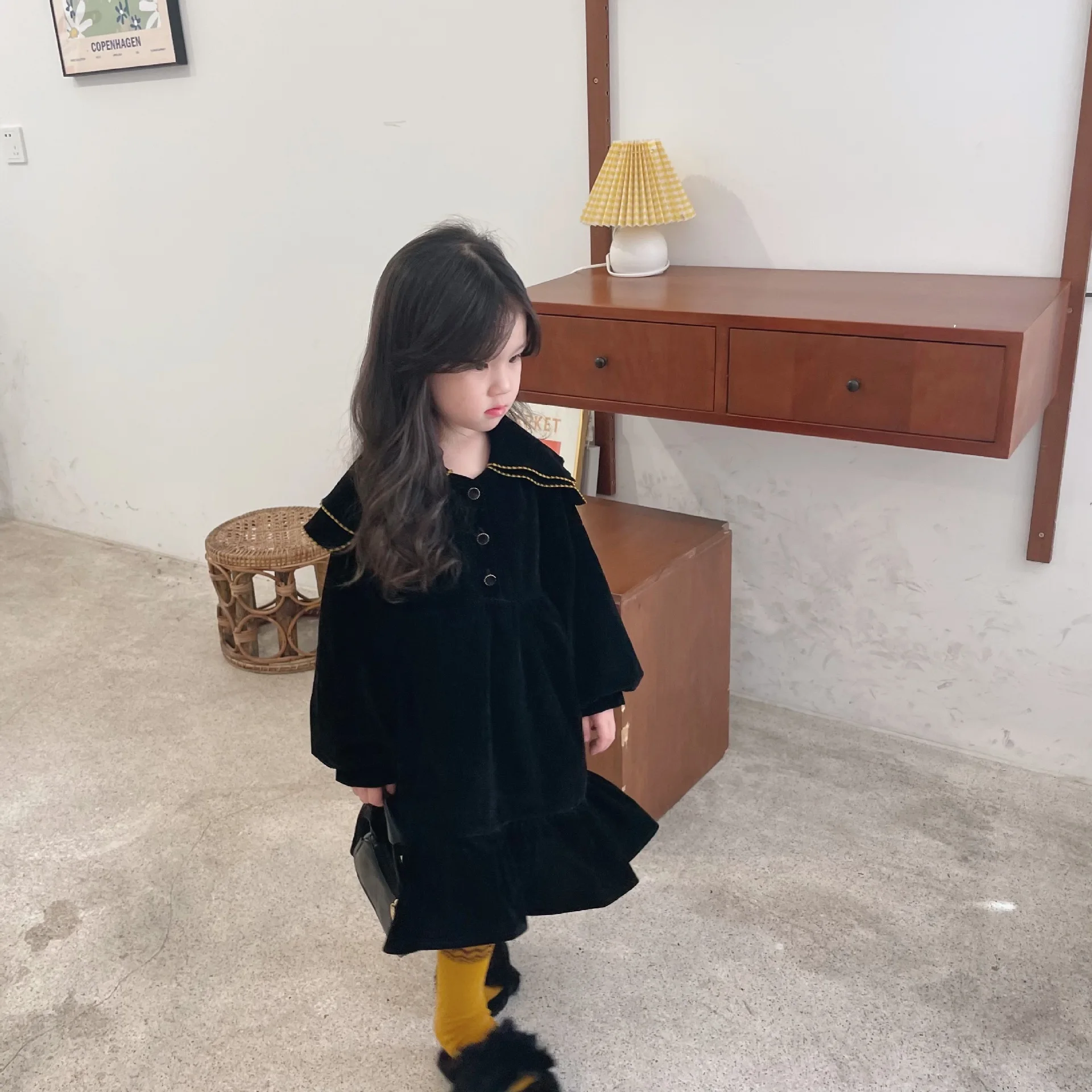

2022 Spring Toddler Girls Dress Cotton Black Full Sleeve Children Dress Ruffles Black Kids Dresses For Girls Clothing