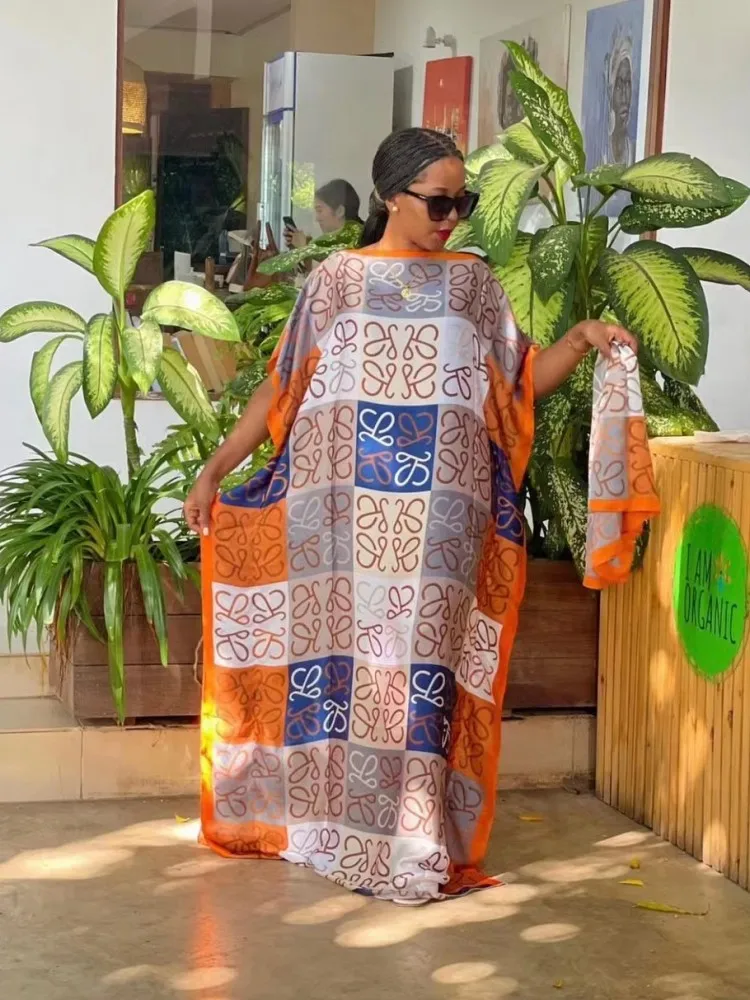 2023 New Style Fashion Oversize African Women Clothing Dubai Dashiki Abaya Free Size Print Design With Scarf Loose Long Dress