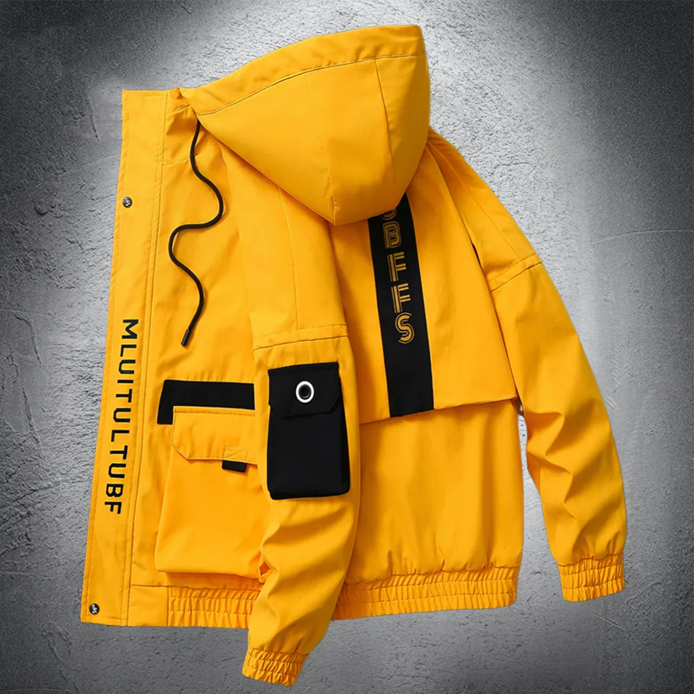 

Mens Jacket Spring Autumn Trendy Thin Patchwork Hooded Jackets Hip Hop Streetwear Man Casual Coat Multi-pocket Sport Windbreaker
