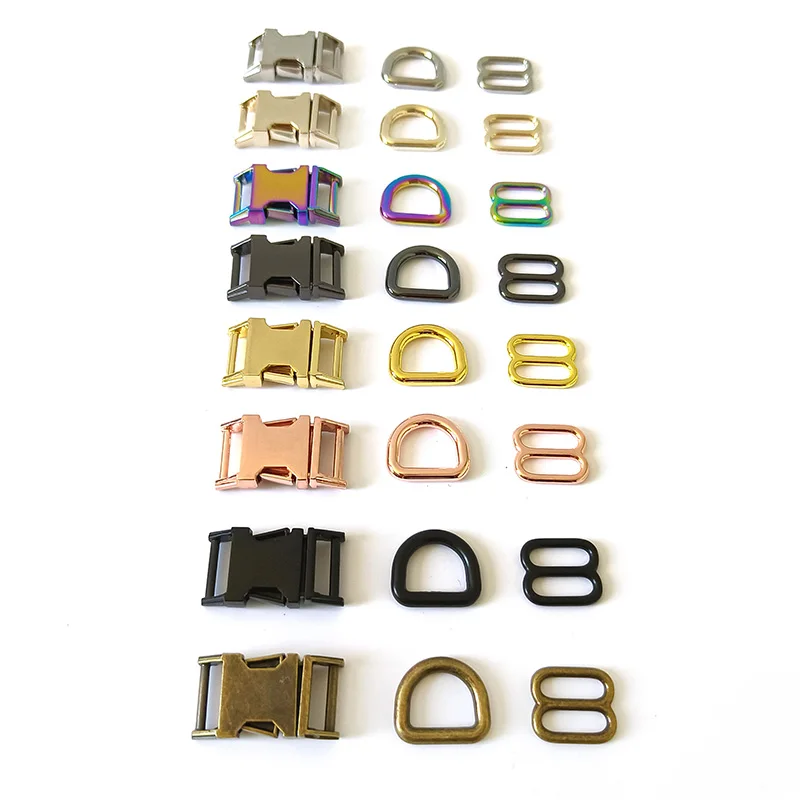 

10 Sets/Lot Metal Buckle Hardware D Ring Slider 15mm Adjustable Clasp Webbing Straps Belt Dog Collar Harness Sewing Accessory