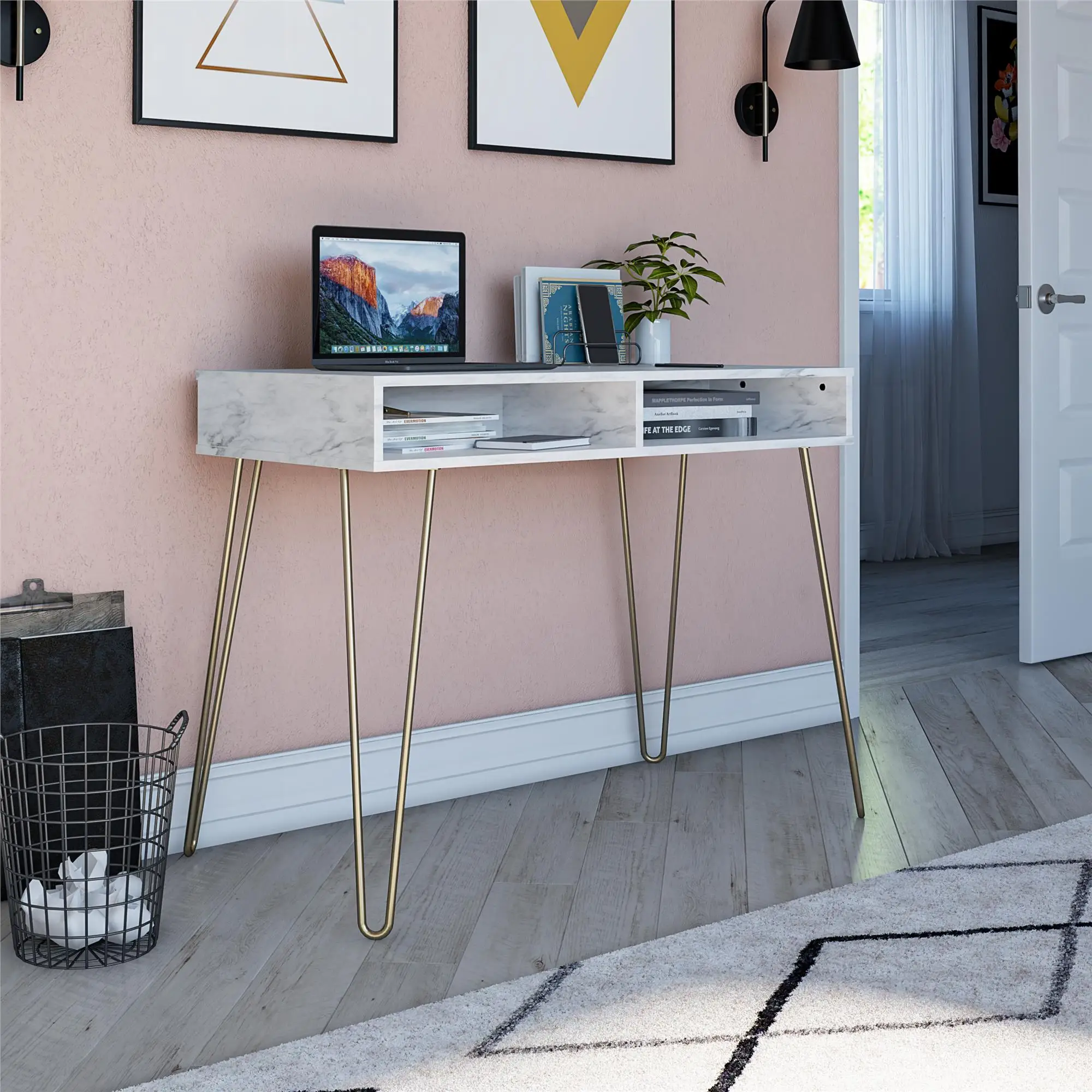 

NONE Athena Computer Desk with Storage, White Marble