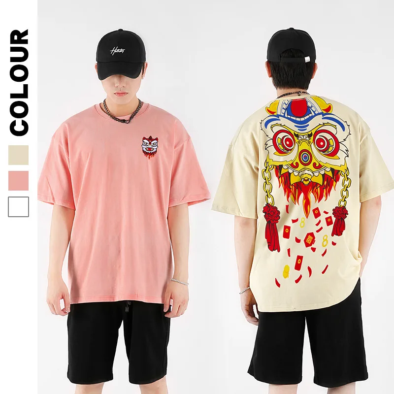 

Летняя Новинка, модная свободная Мужская футболка с коротким рукавом, хлопковый Мужской пуловер в китайском стиле с мультяшным принтом льв...