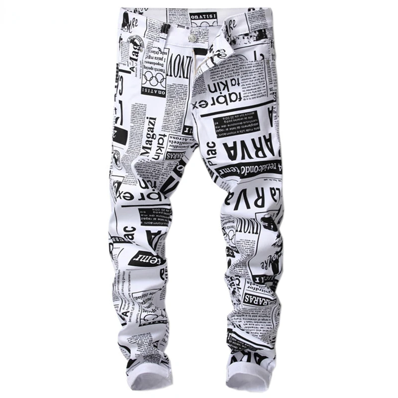 

Men's fashion white paper printed jeans Slim fit black painted stretch denim pans