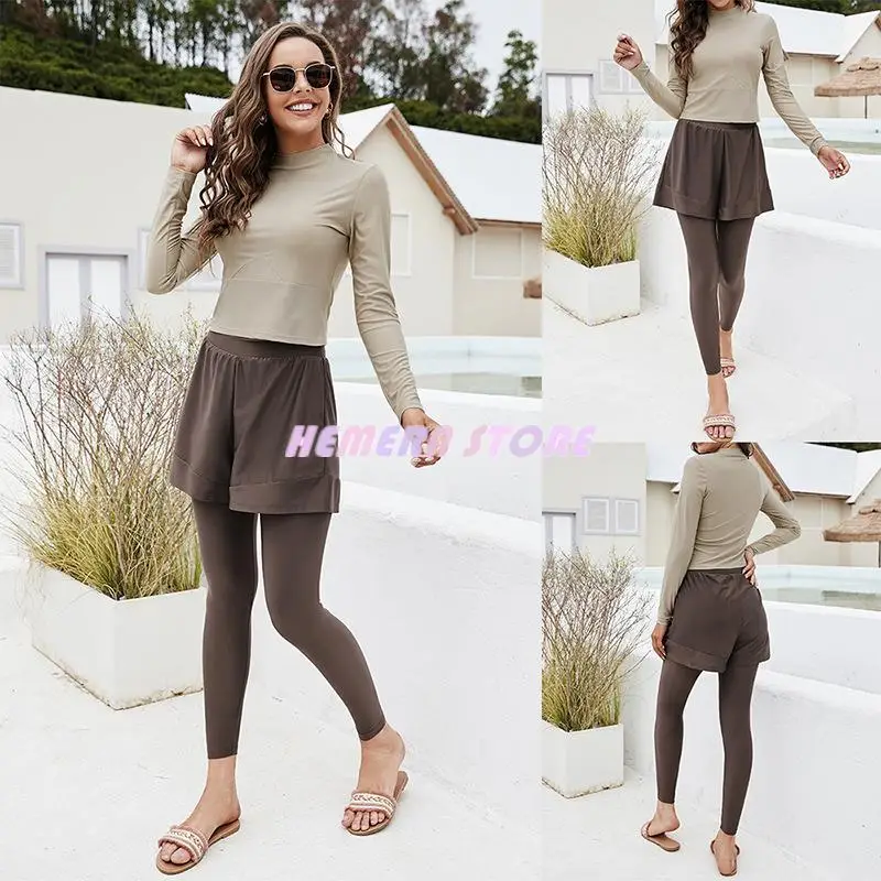 

2023 Muslim Women Swimwear Conservative Full-enclosed Sunscreen Long-sleeved Top With Fake Two-piece Trousers Swimsuit Suit