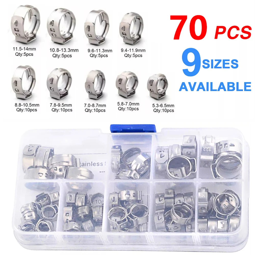 

Набор хомутов для шлангов из нержавеющей стали 304, 5.3-14 мм, 70 шт.