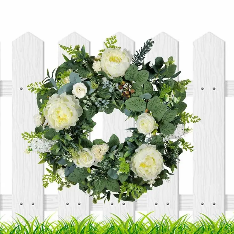 

Artificial Peony Wreath 20.07in Peony Spring Wreaths For Front Door Outside White Flower Hanging Decorations Welcome Wreaths For