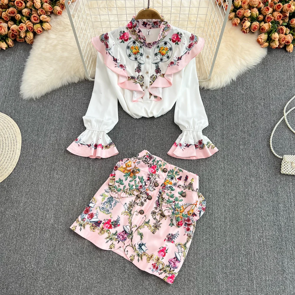 

2022 Summer Autumn Ruffles Floral Print Two Piece Dress Set Women Floral Shirts + Single Breasted Heart Shape Skirts Suits