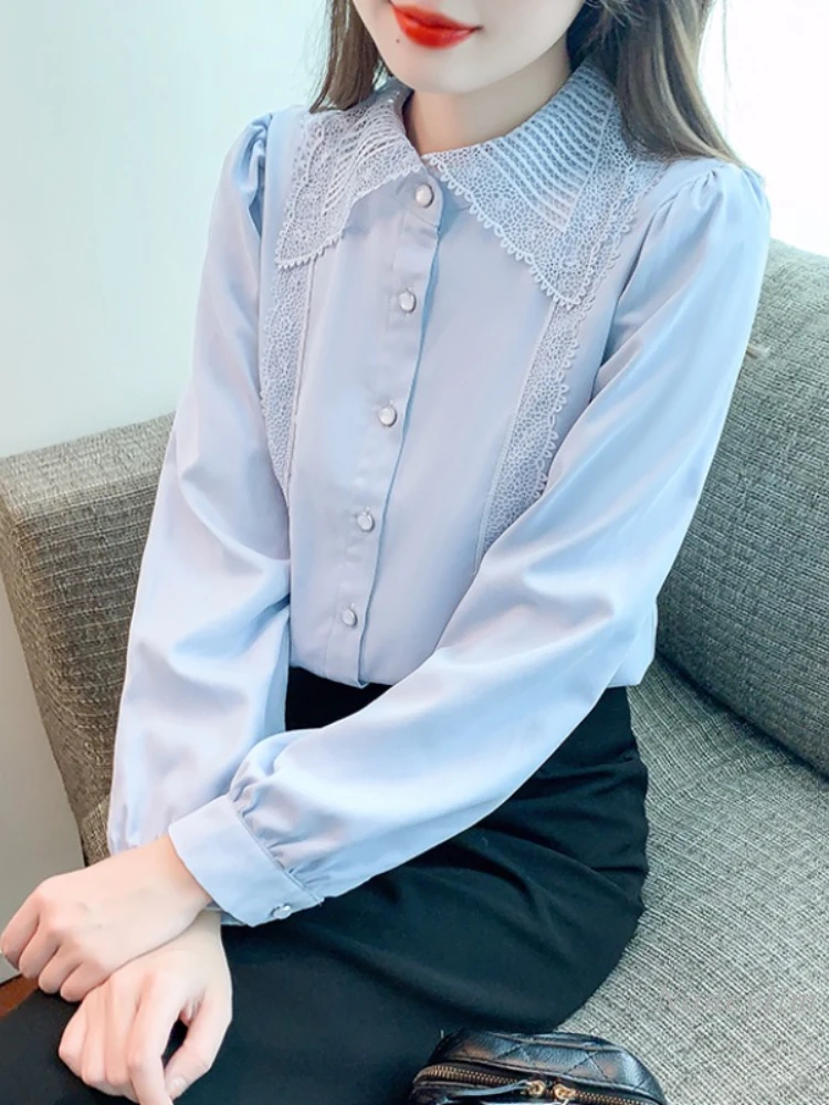 

Doll Collar Blue Chiffon Shirt Women's Autumn Undershirt 2023 New Design Sense Niche Inner Lace Stitching Long Sleeve Top Blusas