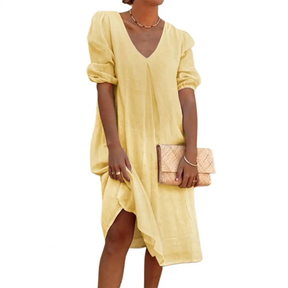 

V-Neck Women Summer Dress Mid-Calf Puff Half Sleeve Sundress Large Hem Solid Color Midi Dress Loose